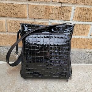Brighton Black Croc Patent Gloss Leather Organizer Shoulder Bag